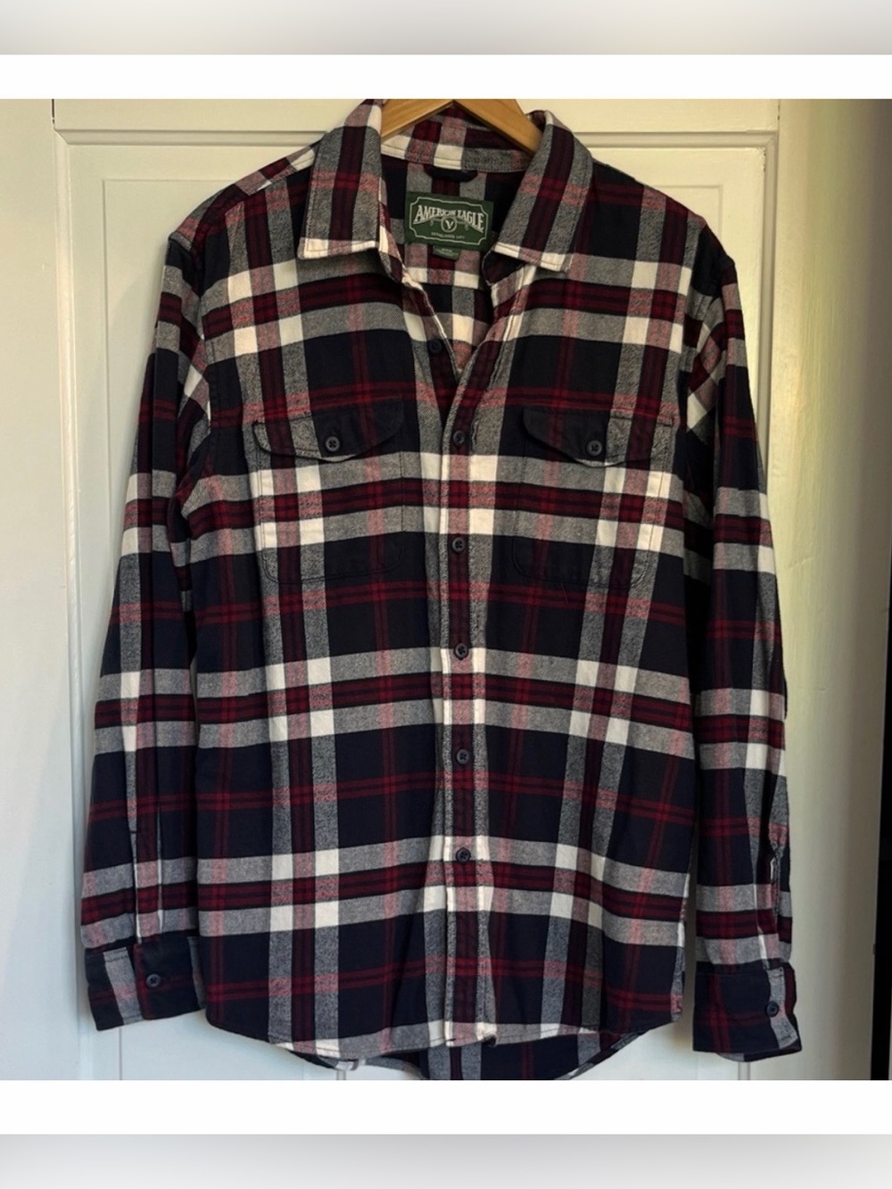 American Eagle Outfitters Men's Red and Black Checkered Shirt Size Medium